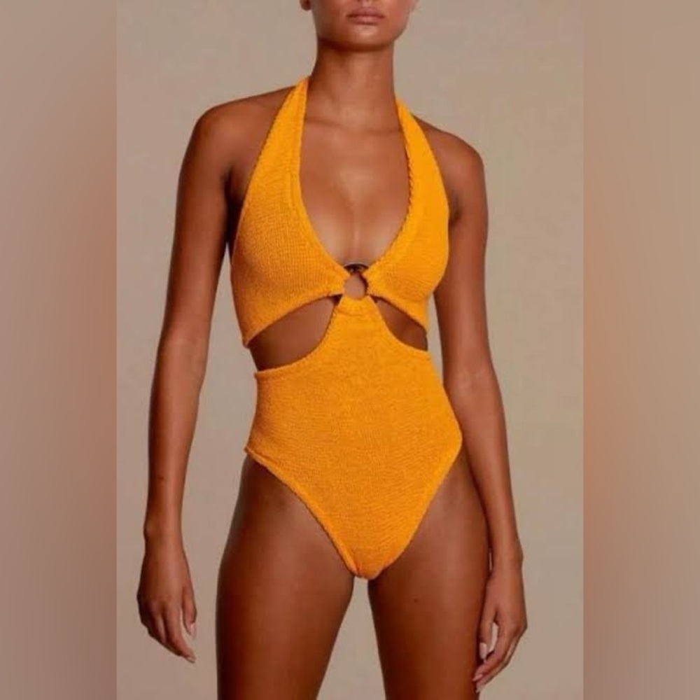 Hunza G Ursula Mango Orange Sorbet Yellow One Piece Swimsuit Crinkle Stretchy